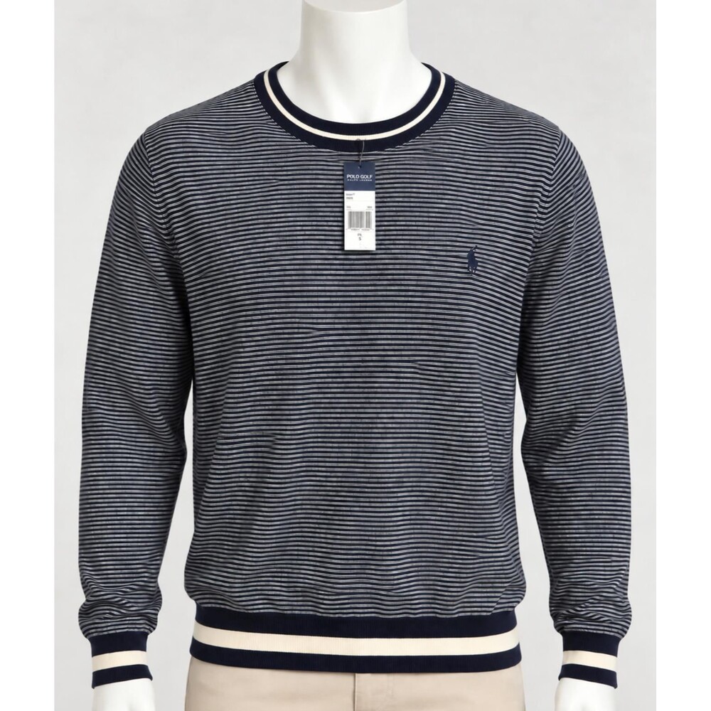 Polo Golf Ralph Lauren Men’s Small Navy Striped Crewneck Sweater NWT 100% Cotton